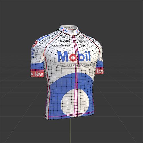 Prototype for a cycling jersey. The seams have to fit exactly the prespecified sewing pattern to the end that customized designs can be replaced easiliy by solely changing the underlying input image.